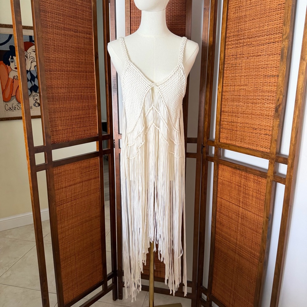Bohemian Cream Fringe crochet Dress cover up top small medium